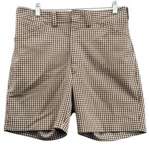 Sears Vintage Permapress Polyester Brown Cream Houndstooth Shorts Men 32"